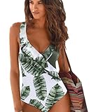 JFAN Traje de Baño Mujer de Una Pieza Volante Cuello en V Ropa de Baño Playa Control del Vientre Monokini Hoja Verde Large