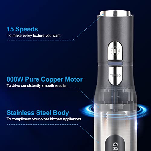 Gavasto Immersion Blender 800 Watts Scratch Resistant Hand Blender,15 Speed And Turbo Mode Hand Mixer, 3-In-1 Heavy Duty Copper Motor Stainless Steel Smart Stick With Egg Beaters And Chopper/Food Processor #TOP4