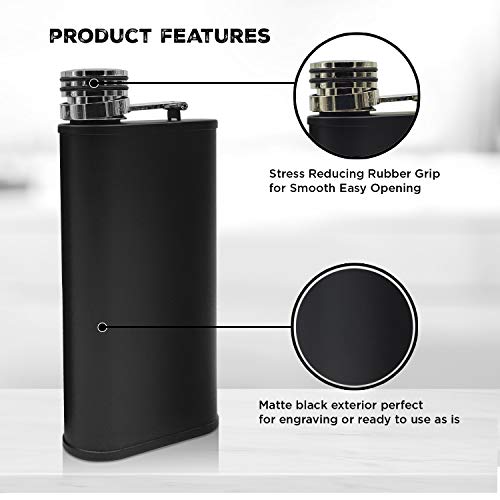 Harland 8Oz Matte Black Flask + Funnel - 2X Wider Mouth Stainless Steel Hip For Liquor, Whisky, Leakproof Easy Pour In Slim Classy Pocket Design Engrave-Able Groomsmen Gift (Raven Black) #TOP3