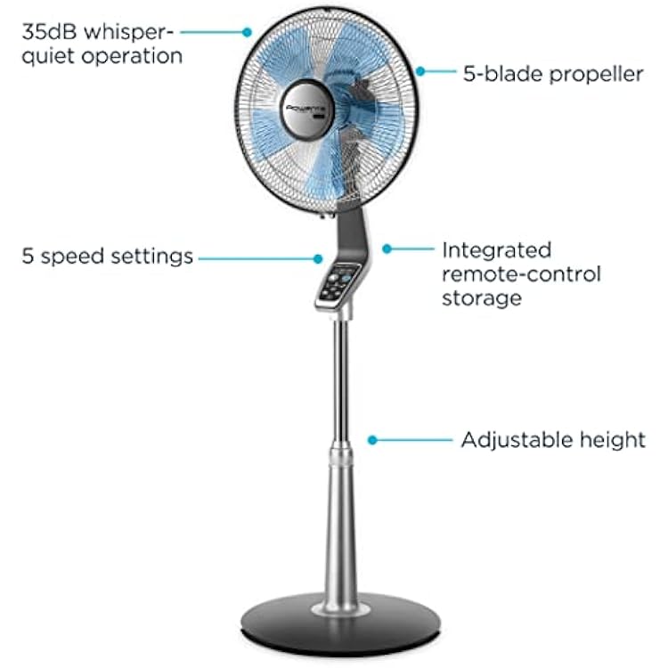 Rowenta Pedestal Fan, 53 Inches, Ultra Quiet Oscillating Fan for Bedroom, Portable, 5 Speeds, Refresh Up to 23-Feet, Silver, Indoor, VU5670