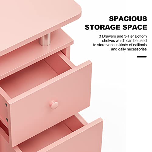 Paddie Manicure Table Nail Table Station, Nail Beauty Manicure Desk For Nail Tech W/Electric Downdraft Vent, Foldable Nail Arm Rest, Lockable Wheels, Storage 3-Tier Shelves & Drawers (Pink2) #TOP7