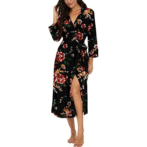 PrinStory Bademantel Damen Weich Morgenmantel Kimono V-Ausschnitt Reisebademantel Leicht Nachtwäsche Lang Saunamantel Cover