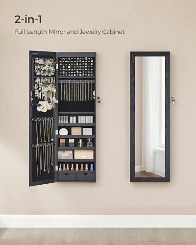 image for SONGMICS 6 LEDs Mirror Jewelry Cabinet, 47.2-Inch Tall Lockable Wall o