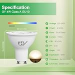 GY Bombilla Led GU10 4W(Equivalente a 60W), Luz Blanca Cálida 3000K, 720 Lúmenes, Ángulo de haz de 110°, No Regulable, Bombilla Bajo Consumo Clase A, Pack de 6