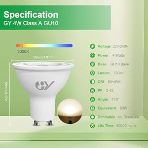 GY Bombilla Led GU10 4W(Equivalente a 60W), Luz Blanca Cálida 3000K, 720 Lúmenes, Ángulo de haz de 110°, No Regulable, Bombilla Bajo Consumo Clase A, Pack de 6