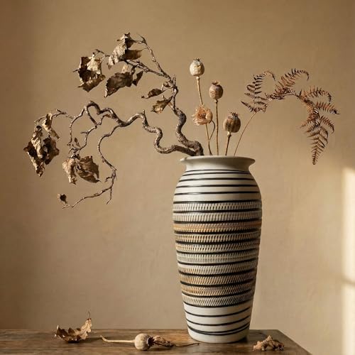 Handcrafted 12.5" Large Rustic Decorative Vase - Hand-Etched Textured Ceramic Vase for Modern Farmhouse Home Decor, Ribbed Matte Tabletop Centerpiece (Pattern B - 12.5) — view 2