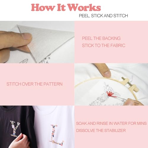 Image of Topapfo Alphabet Letter A Stick and Stitch Embroidery Stabilizers, Name Embroidery Patterns Kit for Beginners Adults Water Solute for Cothing T-Shirt Jeans Tote Bags Crafts