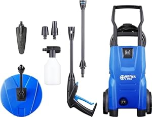 Nilfisk Hochdruckreiniger C 110 Bar + Schaumsprüher + Kompakt-Flächenreiniger + Bürste - Mini Pressure Washer Für Terrassen, Werkstätten und Autos (1400 W)