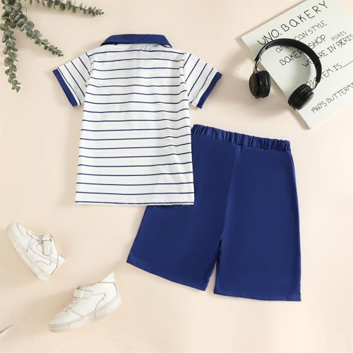 Image of Toddler Kid Boy Clothes Textured Striped Polo Collar Top Summer Shorts 2PC Summer Outfit Set