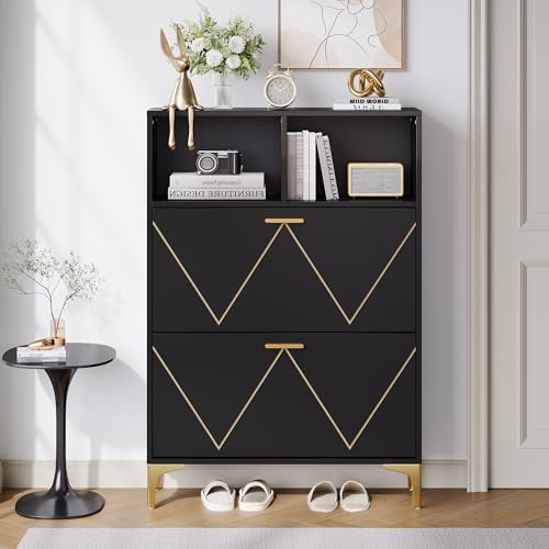 ModernLuxe Schuhschrank Schwarz mit 2 Klapptüren, 4-Fächer Schuhkommode 80×25×117 cm mit Halboffenen Ablagen, Schmales Schuhregal aus MDF & Metall für Flur & Garderobe