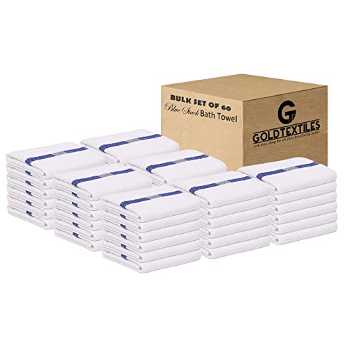 Gold Textiles Blue Center Stripe 60 Pack (22 X 44 Inches) Economy Bath Towels Lightweight Hotel Multi-Purpose Towel For Commercial And Home Use - Cotton Blend Easycare & Quick Drying #TOP6