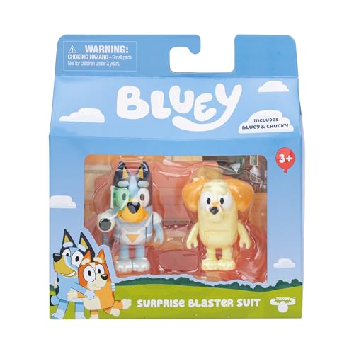 Bluey Surprise Blaster Suit Action Figure Set of 2, Articulated Character Toys with Neighbour Chucky Figurine, Small Action Figures for Kids Ages 3+