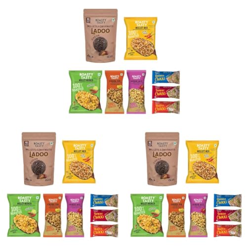 Image of Roasty Tasty Assorted Healthy Snacks & Sweets Combo | Millet Chocolate Ladoo, Chikki & Roasted Namkeen Mix | Sugar Free Sweets Alternative to Chocolate | Palm Oil Free Snacks for Adults | Healthy Gifting Hamper