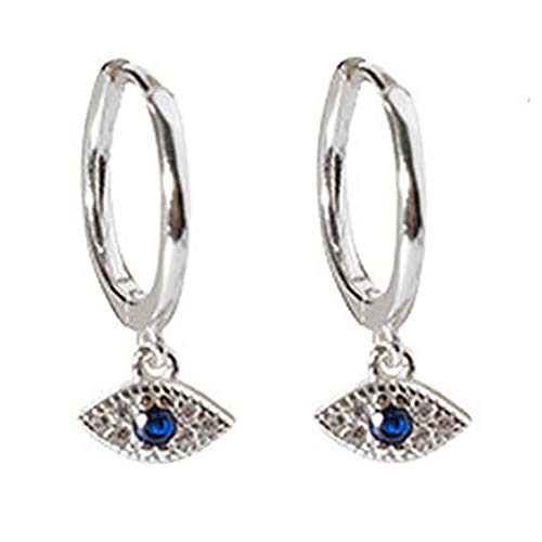 Pendientes de aro de oro de 14 k Pendientes de aro chapados en plata esterlina azul pequeño CZ Pendientes de mal de ojo para mujer Chica (Plata)