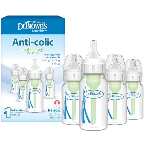 Dr. Brown's Anti-Colic Options+ Narrow Baby Bottle, Clear, 4 oz, 4-Pack | Clinically Proven to Reduce Colic, Pack of 4 Baby Bottles with Level 1 Slow Flow Nipples, 0m+, BPA-Free
