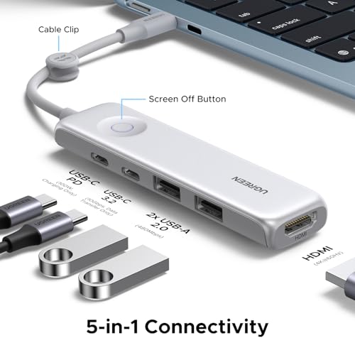 Image of UGREEN USB C Hub 5-in-1 Revodok, Slim Portable USB-C Adapter with 100W PD Charging, 4K@60Hz HDMI, 10Gbps USB 3.2 Data Ports, Lock-Screen Button & Cable Clip for MacBook Air /Pro, iPad, Laptops
