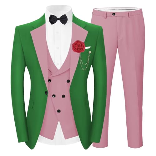 SPTALLFITJSV Pink Green Tuxedo Men Satin Suits 3 Piece Men Suit for Wedding Prom Slim Fit Big and Tall Customized Flat Front Fashion Blazer Vest Pants 2025 Bar Suits Size 2XL