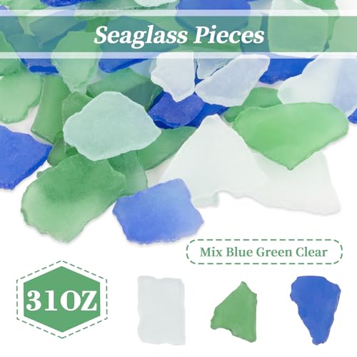 Sukh 15 OZ Frosted Sea Glass - Sea Glass Vase Fillers for Crafts Beach Glass Large Sea Glass Pieces vase fillers for Home Decor Aquarium DIY Crafts Blue & Clear & Green Mix (1.9, Pounds)