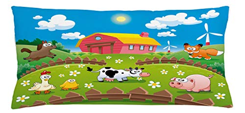 Lunarable Cartoon Throw Pillow Cushion Cover, Farm with Cow Fox Chicken Pig Horse in The Fences Countryside Rural Design, Decorative Square Accent Pillow Case, 36