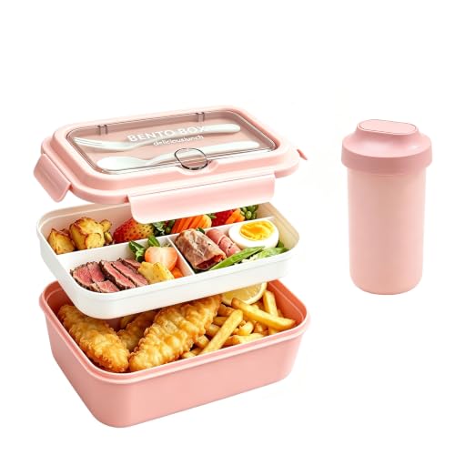 Image of Large Pink Bento Lunch Box Adults and Kids, 480ML Water Bottle, 1500ML Salad Containers , 3 Compartments Removable Tray and Cutlery,Leakproof , BPA Free ,Microwave&Dishwasher Safe, For work ,School
