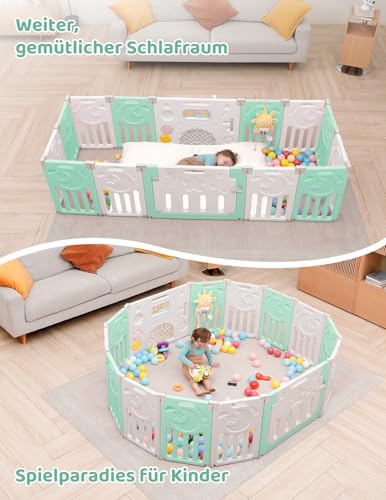 Dripex Laufstall Baby faltbar, laufgitter baby aus Kunststoff, laufstall mit Tür und Spielzeugboard, 150×150cm 14-Paneele, grün – Ansicht 6