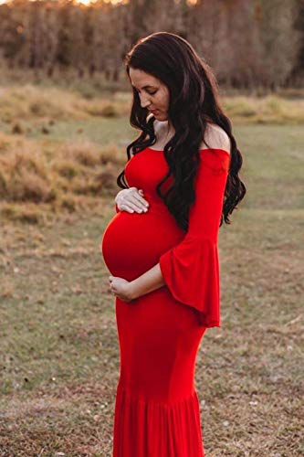 Ziumudy Maternity Retro Off Shoulder Flare Sleeves Mermaid Gown Maxi Photography Dress For Baby Shower (Red, Small) #TOP4
