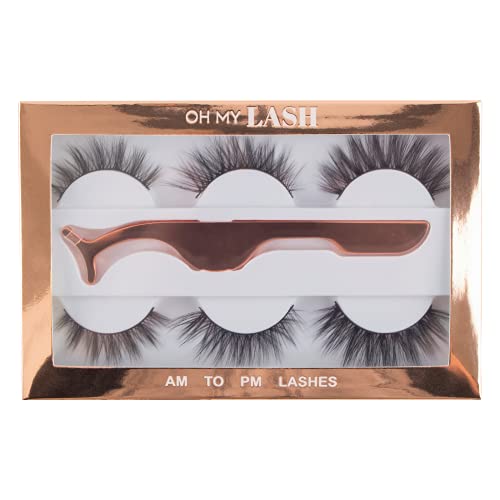 OH MY LASH Multipack Set Black Faux Mink False Strip Eyelashes, 3 Pairs with Rose Gold Applicator Tweezers, AM to PM