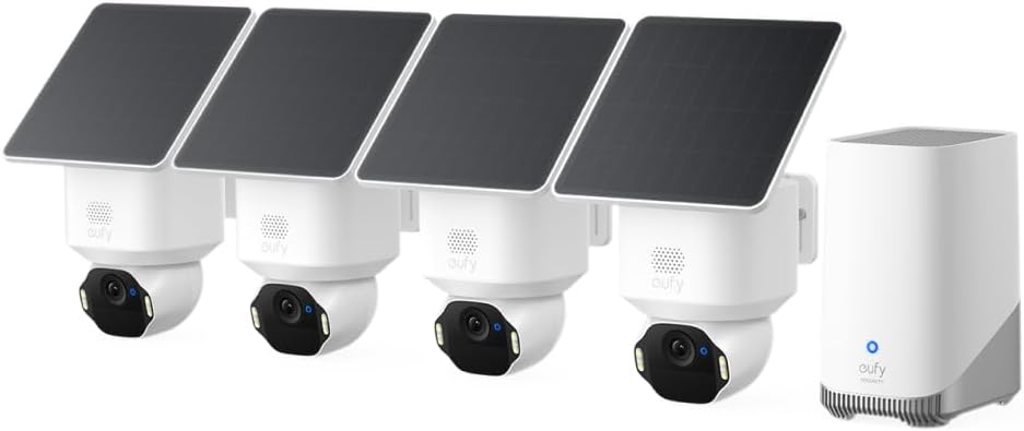 eufy Security SoloCam E42 Kit 4 caméras (HomeBase S380), caméra de sécurité 4K sans fil pour l'extérieur, fonctionne à l'énergie solaire, suivi de mouvement AI, lumière stroboscopique, panoramique et