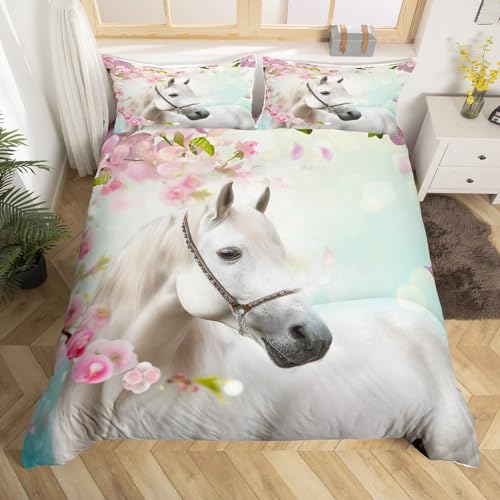White Horse Comforter Cover Twin Size Western Cowboy Bedding Set Pink Cherry Duvet Cover Set For Kids Girls Peach Blossom Spring Nature Farm Animals Bedclothes With 1 Pillow Case Bedroom Decor