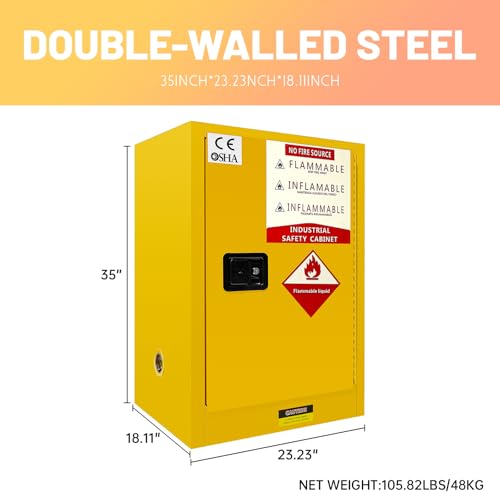 Yellow 12-Gallon Fireproof Safety Cabinet with Double-Walled Steel Three-Point Lock, Suitable for Storing Flammable Chemicals in workshops or garages (18.1" D x 23.23" W x 35" H)