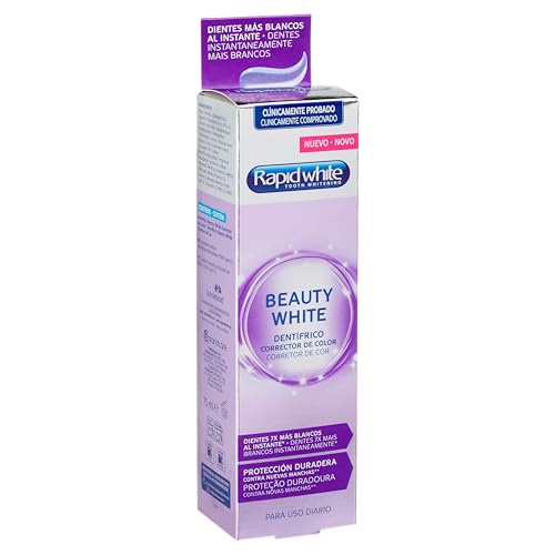 Rapid White, Beauty White Pasta de Dientes Blanqueadora con Pigmentos Morados, Corrección Inmediata Hasta 7 Tonos Más Blancos, Previene la Formación de Sarro y Placa, Uso Diario, Sin Peróxido, 75 ml