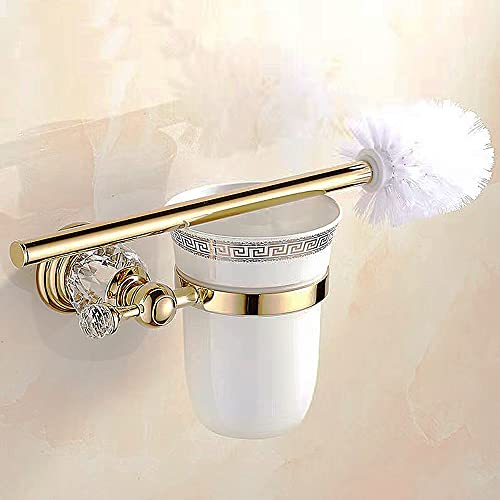 Hsxjj Crystal Toilet Brush Holder,Stainless Steel Toilet Bowl Holder Set,Electroplating Gold Brush Handle Wall-Mounted,With Ceramic Cup Replaceable Brush Heads (Gold) #TOP1