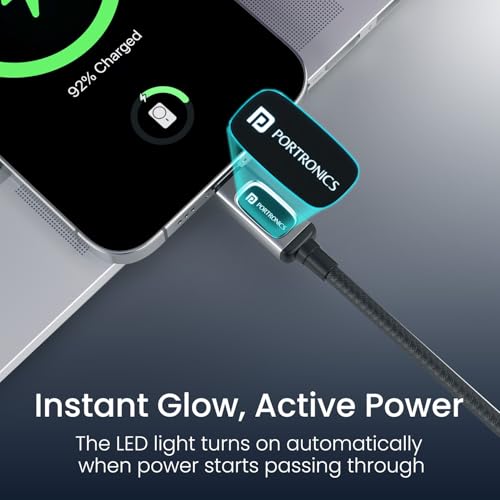 Image of Portronics 100W Konnect Halo Type C to Type C Cable with LED Light Indicator, Strong Braided Cable, PD Fast Charging, Data Sync, 1 Meter Tangle Free Wire, Compatible with all C-Type Enabled Devices