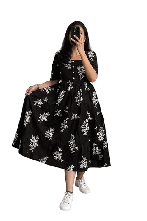 Image of Women's Floral Print Midi Dress, Puff Sleeves, Tiered Skirt, V-Neck, Casual Wear