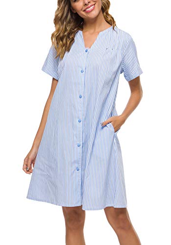 YOZLY House Dress Women Cotton Duster Robe Short Sleeve Housecoat Button Down Nightgown Light Blue Large