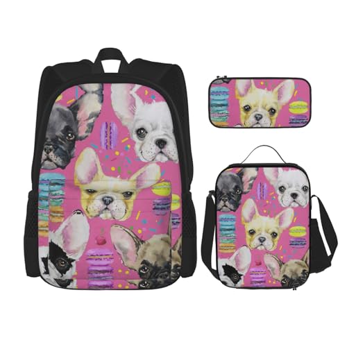 Animal Dog French Bulldog Print 3 Piece Set Backpack, Lunch Bag, Pencil Case, Cute Sturdy For College And Travel