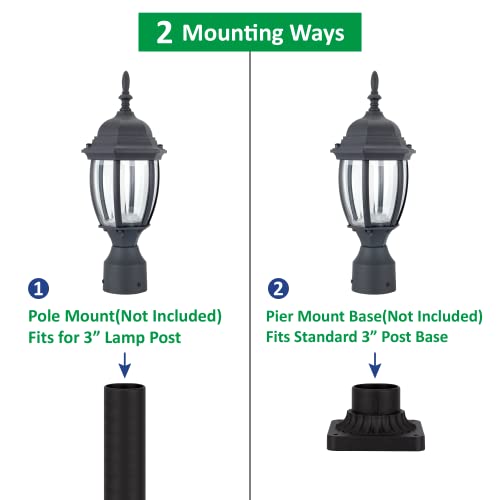 LIT-PaTH LED Outdoor Post Light Pole Lantern Fixture, 9.5W 800 Lumens, 5000K Daylight White, Aluminum Housing Plus Glass, Matte Black Finish, 1-Pack - Thumbnail 2