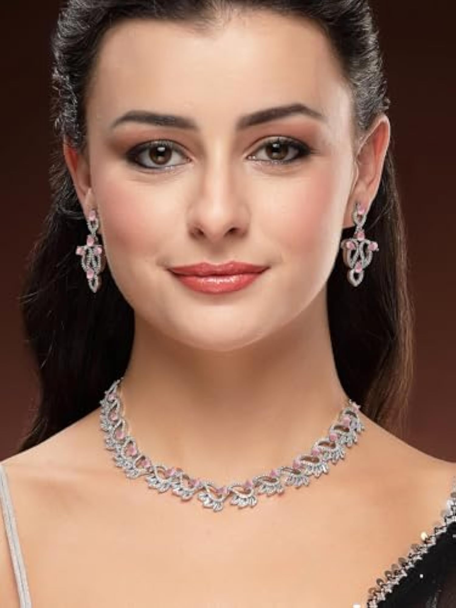 Silver-Plated Leaf Motif American Diamond Jewellery Set