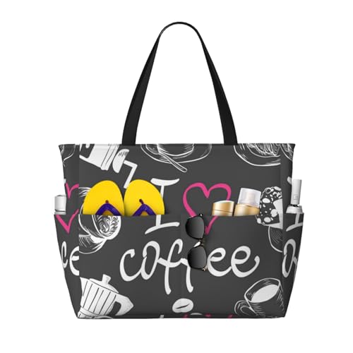 I Love Coffee Print Beach Pool Bags Tote For Women Ladies Large Gym Tote Carry On Bag For Weekender Travel Waterproof
