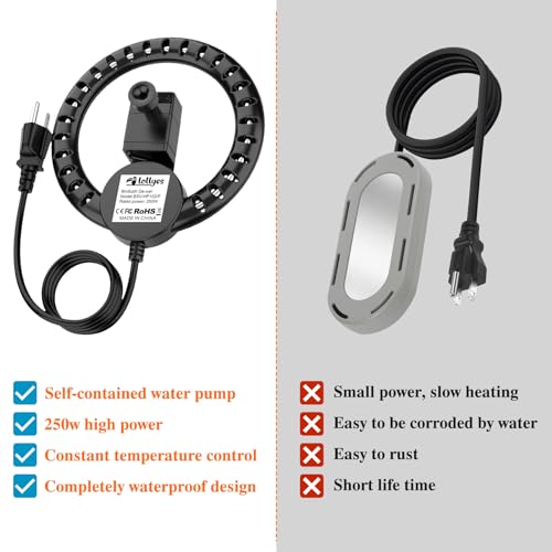 lollyes 250W Vogeltränke Heizung mit Brunnen Pumpe, Beheizte Vogeltränke für Draußen für den Winter, mit Thermostatisch Gesteuert und 1M Kabel, Vogeltränke Deicer, Beheizte Vogeltränke für Garten