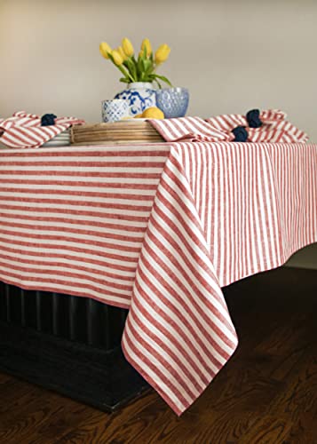 Solino Home Amalfi Stripe Linen Tablecloth – 100% Linen Table Cover 60 X 120 Inch – Red And White Tablecloth For Indoor, Outdoor – Machine Washable And Handcrafted From European Flax #TOP2