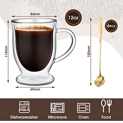 6 Sets Double Wall Glass Coffee Mugs With Sakura Spoon Clear Insulated Coffee Mug With Handle 2 Layers Glass Coffee Cups Latte Cup For Cappuccino, Tea, Latte, Espresso, Hot Beverage (12 Oz) #TOP2