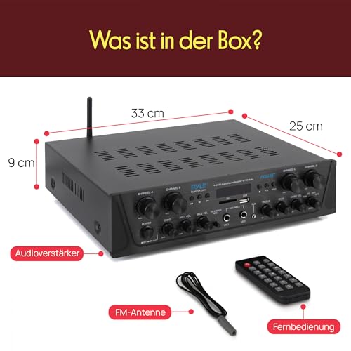 Pyle Bluetooth Stereo Verstärker 500 W – 4-Kanal Mini Receiver mit USB, AUX, FM-Radio, Subwoofer RCA & Mic Eingang, Talk Over Funktion mit Echo Kabelloses Streaming, Für Heimkino, Studio & PA-Anlage
