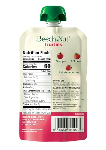 Beech-Nut Baby Food Pouches, Peach Apple Strawberry Fruit Puree Baby & Toddler Food, 3.5 oz (12 Pack)