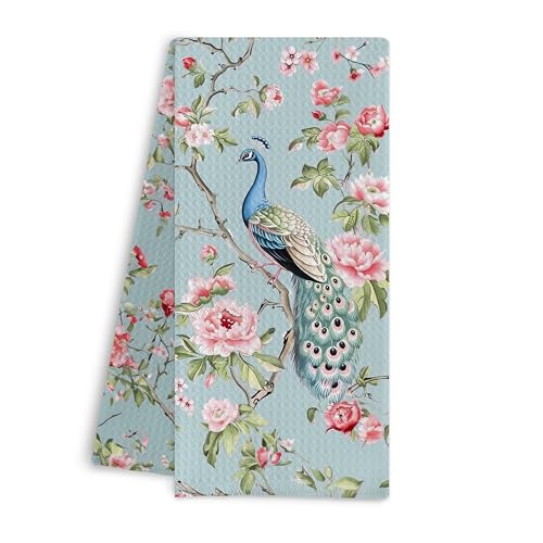 Qpenm Chinoiserie Floral Peacock Kitchen Towels - Blue Decorative Hand Towels for Kitchen and Bathroom Decor - 16x24 Inches