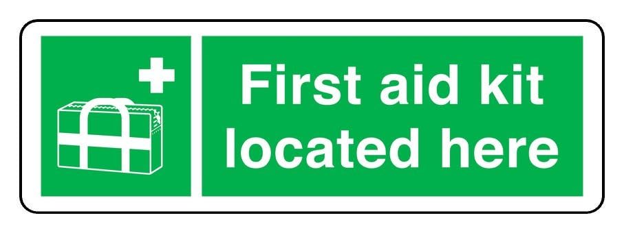 First Aid Kit Located Here - safety sign - 3mm Aluminium Dibond for indoor/outdoor usage (450mm x 150mm) 5m Viewing Distance.