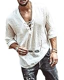  ORANDESIGNE Hommes Chemises Solid Manches Longues Slim Fit Mode à Lacets à Col en V pour Hommes Chemise à Manches Vintage Ample Z1 Blanc M