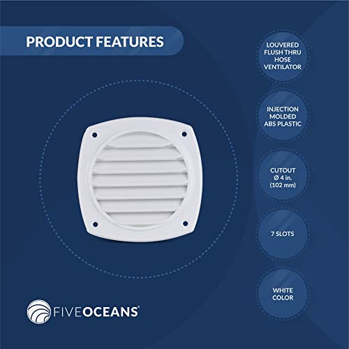 Five Oceans Fo111 Louvered Flush Hose Thru Vent, Cutout Of 4 Inches (102 Mm) Of Diameter, White, Injection-Molded Abs Plastic, 6 Slots, Easy Installation #TOP1