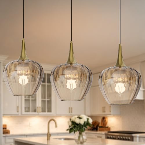 Gold Pendant Lighting for Kitchen Island, 3 Pack, 10 Inch Amber Glass