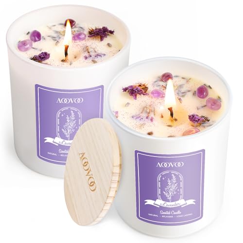 AOOVOO Lavender Scented Candle Set with Crystals